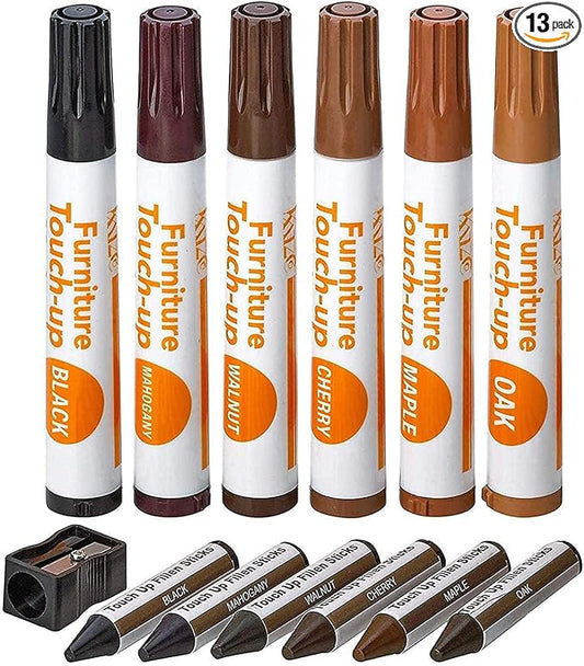13-Piece Wood Stain and Scratch Repair Kit by Katzco - Furniture Markers and Wax Sticks - Covers Scratches, Stains and Scuffs on Floors, Cabinets and Desks - Includes Sharpener
