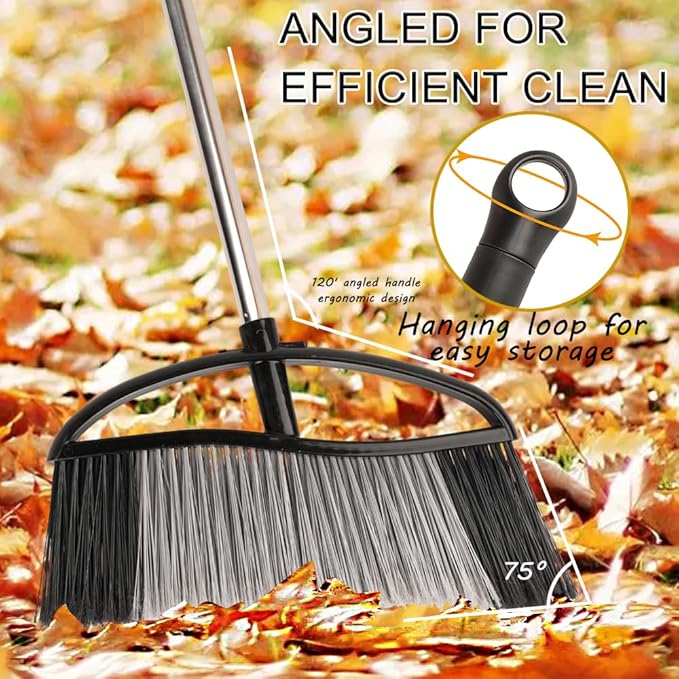 Heavy Duty Outdooor Broom - 15.7" Wide Broom with Long Adjustable Handle & Stiff Bristles for Patio, Garage, Yard, Garden (Black)