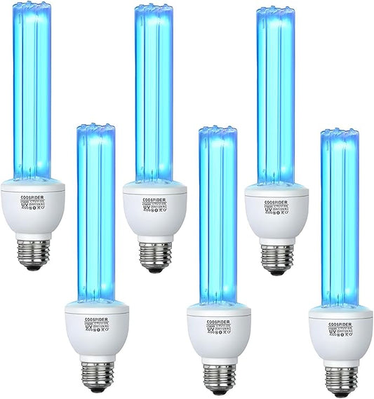 6 Pack 25 Watts UVC Light Bulb Ozone Free, Replacement UV Light Bulb for Bedroom/Bathroom/Closet/Kitchen, 253.7nm Wavelength Covers up to 400sq.ft, E26 110V CTUV-25