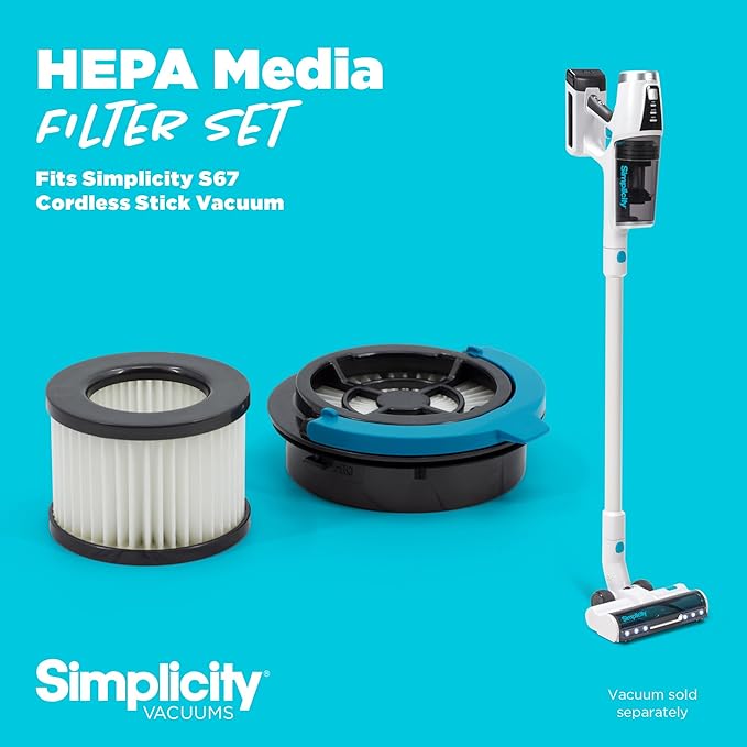 Simplicity Vacuums S67 Bundle, Stick Cordless Vacuum Cleaner and SF67 HEPA Media Filter Set, Powerful on Hardwood Floor and Carpet, Rechargeable Lightweight Cleaner for Home, Pet Hair