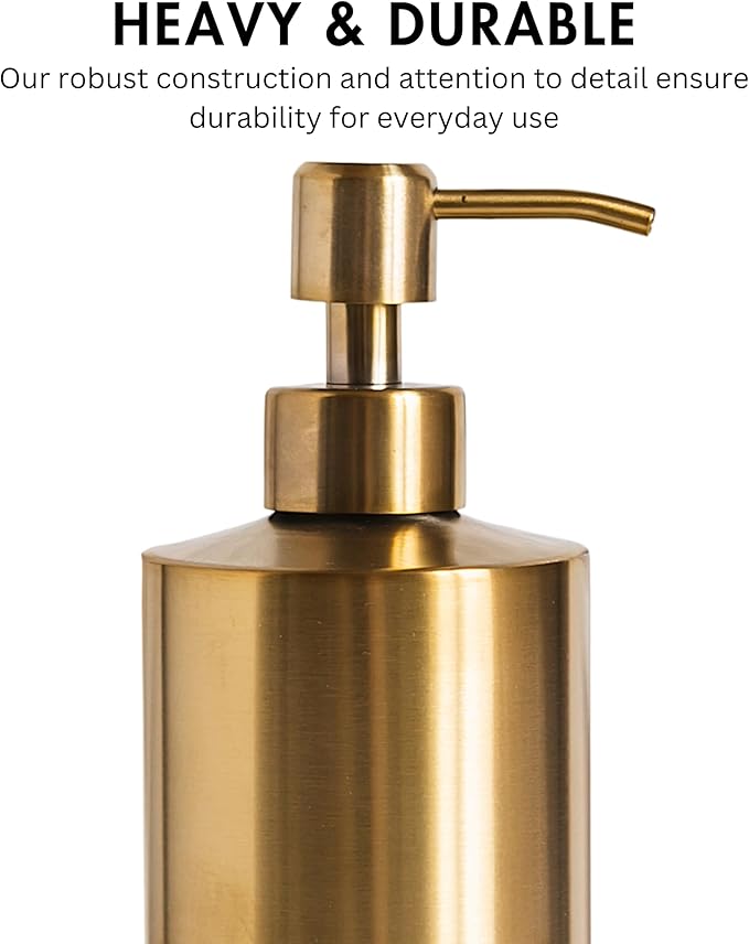Brass Soap Dispenser for Kitchen & Bathroom – 15 oz Refillable Resin Pump Bottle for Dish Soap, Hand Soap, Shampoo, Conditioner – Modern Countertop Dispenser with Non-Slip Protective Pads