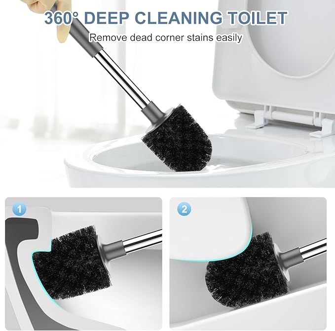 SetSail Toilet Brush and Holder 2 Pack, Self Closing Lid Toilet Bowl Brushes Holder and Extra Long Handle Ventilated Toilet Brush Set for Bathroom Cleaning, Nylon Bristles, Grey