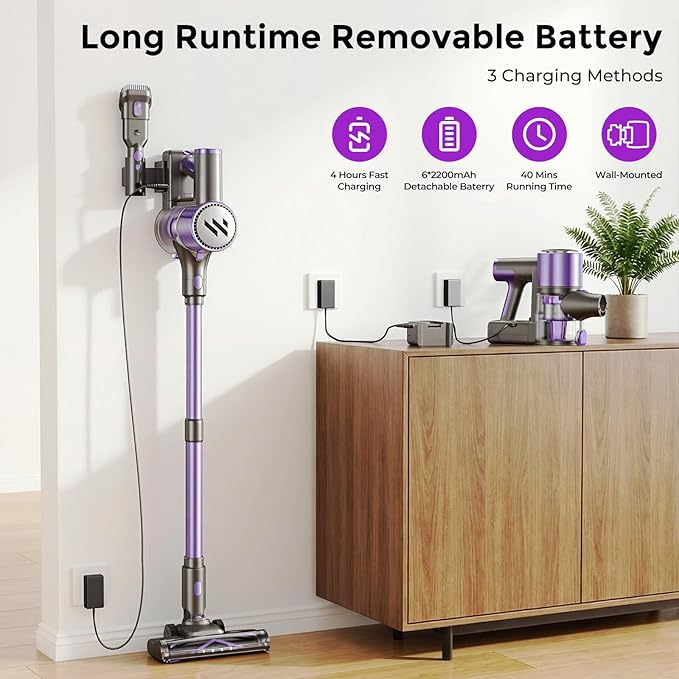 Cordless Vacuum Cleaner,Vacuum Cleaner for Home with Brushless Motor,Lightweight Stick Vacuum with Self-Standing and Touch Screen,Hardwood Floor Vacuum for Pet Hair,Carpets,Tile(Purple)