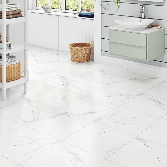 White Peel and Stick Floor Tile Waterproof Marble Vinyl Flooring Self Adhesive Ceramic Stick on Floor Tiles 12"X12" Laminate Flooring for Bathroom Garage Kitchen Basement Office Vinyl Plank