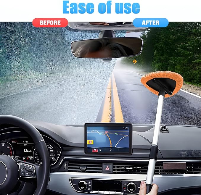 Windshield Cleaning Tool, Car Window Cleaner with Extendable Long Handle and 4 Washable Reusable Microfiber Pads, Auto Interior Exterior Glass Wiper Cleaning Kit Universal for Office and Home (Orange)