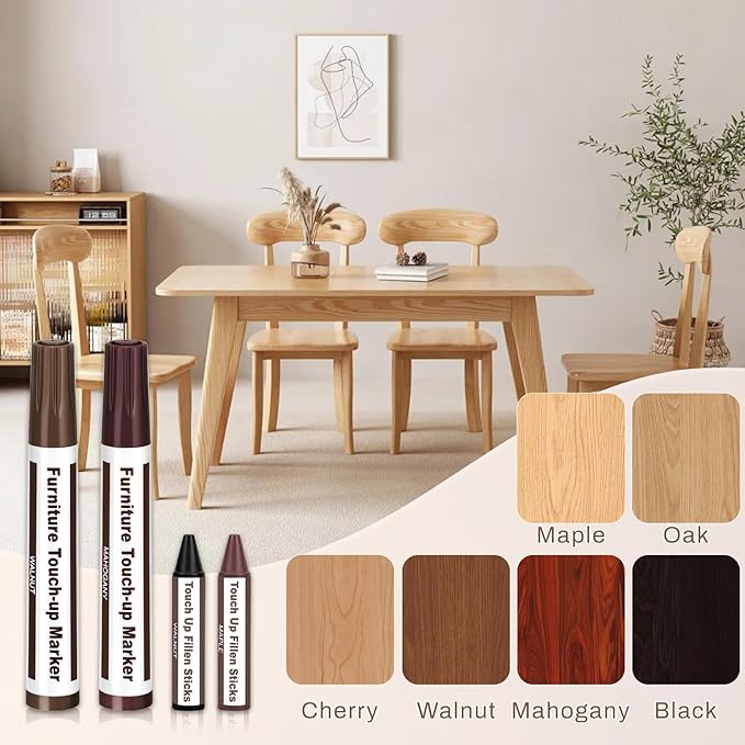 Furniture Repair Kit Wood Markers, 13 Pcs Marker Set and Wax Sticks with Sharpener, 6 Colors Furniture Markers Touch Up for Scratches Stains Holes Bedposts Floors Tables Cabinets Desks
