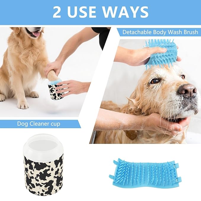 Dog Paw Cleaner Cups for Dogs Pets Foot Washer Paw Scrubber for Medium Small Cats Dogs Cute Cleaning Cup Beige Black Cow Print