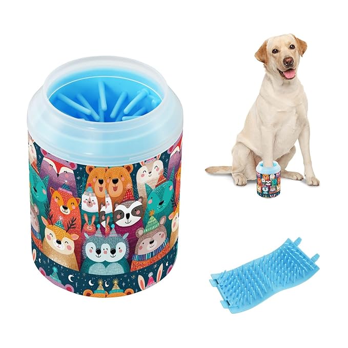 Dog Paw Cleaner Cups for Dogs Pets Foot Washer Paw Scrubber for Medium Small Cats Dogs Cleaning Cup Cute Winter Forest Animal Colorful
