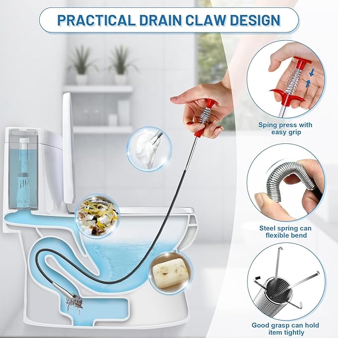 Drain Snake,61 inch Flexible Grabber Claw Pick Up Reacher Tool,Drain Clog Remover - Gutter Cleaning Tools for Home Sink, Bathroom Tub,Drain, Toilet, Tight Spaces