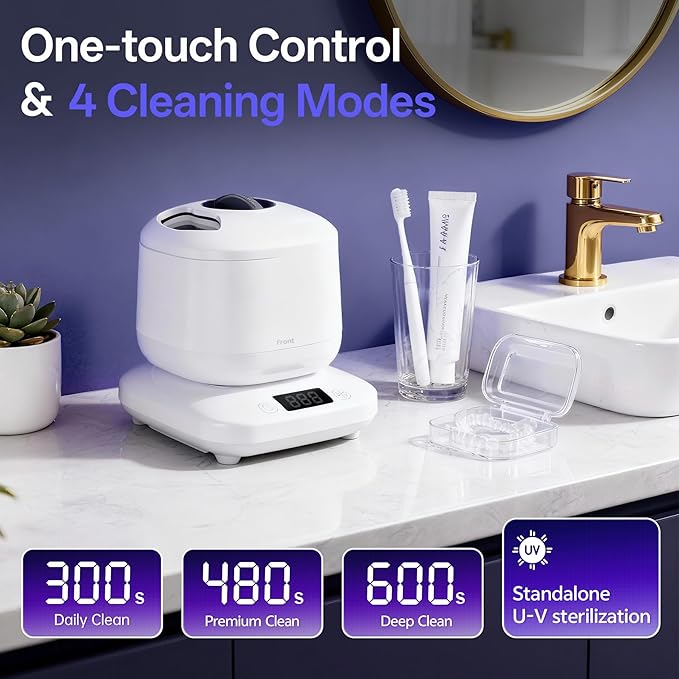 Ultrasonic Jewelry Cleaner Machine with U-V Light, Detachable Retainer Cleaner for Jewelry, Retainers, Dentures, 42kHz Ultrasonic Cleaner with 3 Modes, Waterproof, for family, White