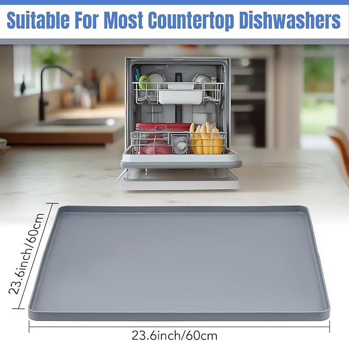 Dishwashers Drip Pan, Prevent Water Leakage and Protect Countertop & Floor, 23.6''x23.6'' Dishwasher Mat, Non-Slip & Leak-Proof Silicone Mat with 0.6'' Raised Edge, for Under Most Portable Dishwasher