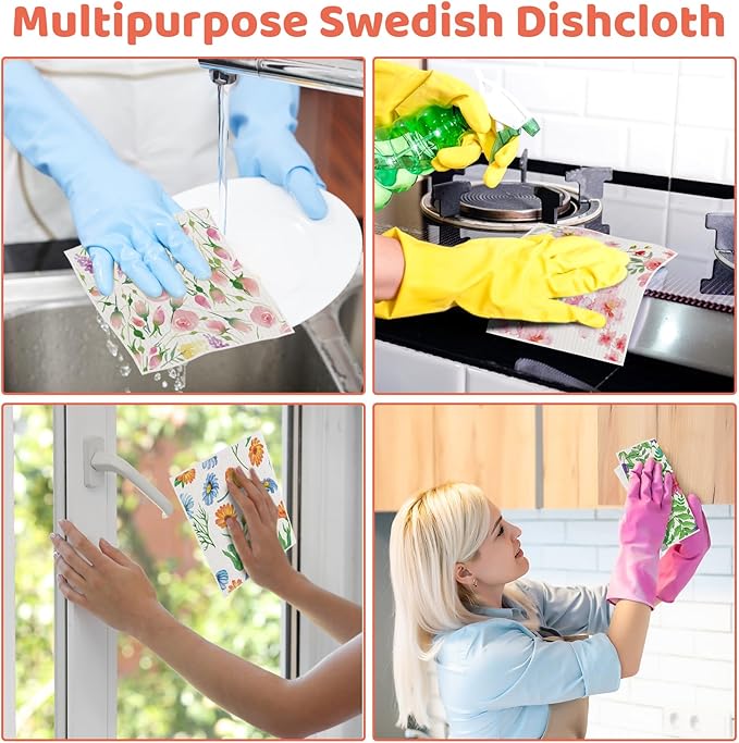 6 Pack Swedish Dishcloths for Kitchen, Swedish Rags Absorbent Floral Dish Cloths Dish Towels with Adhesive Clips, Reusable Paper Towels No Odor for Cleaning Kitchen Valentines Gifts for Women