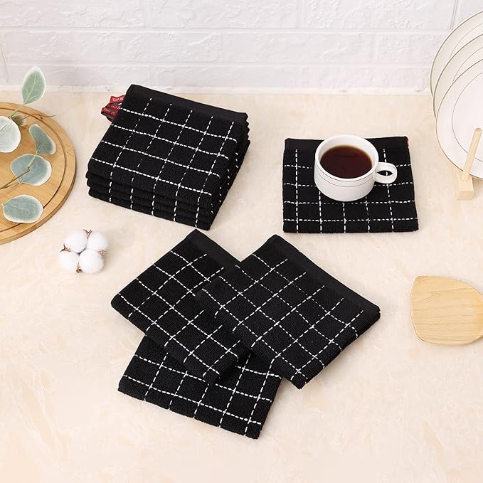 Mordimy 100% Cotton Terry Cloth Dish Cloths, Soft and Absorbent Checkered Dish Towels, Quick Drying Dish Rags for Washing Dishes, 6 Pack, 12 x 12 Inches, Black
