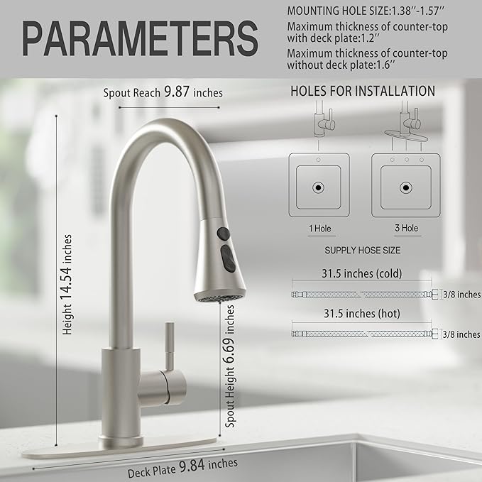 VXV Kitchen Faucets, Brushed Nickel Kitchen Faucet with Pull-Down Sprayer, Stainless Steel Sink Faucet for Farmhouse, RV, and Bar, Pull Out Kitchen Faucet with Deck Plate and 1/2'' Adapters
