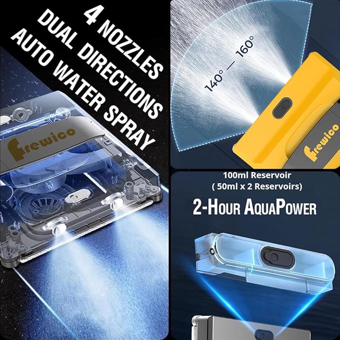 Frewico Smart Window Cleaner Robot with Quad-Stream Ultrasonic Spray, 100ml Dual Water Tanks, 5600Pa Strong Suction for Frameless Windows & High-Rise, App/Remote Control, Anti-Falling Safety System
