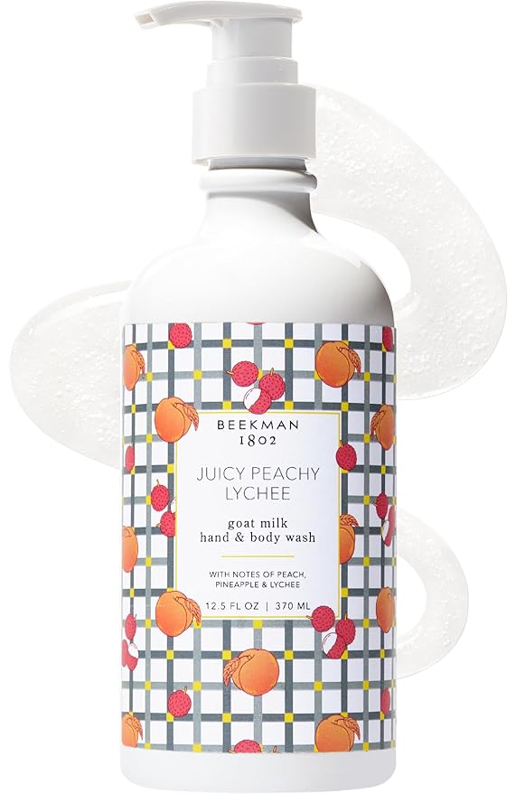 Beekman 1802 Goat Milk Hand Wash – Juicy Peachy Lychee – Scented – 12.5 fl oz – Moisturizing & Gentle – Good for Sensitive Skin – Ready for Use, Pump Inserted