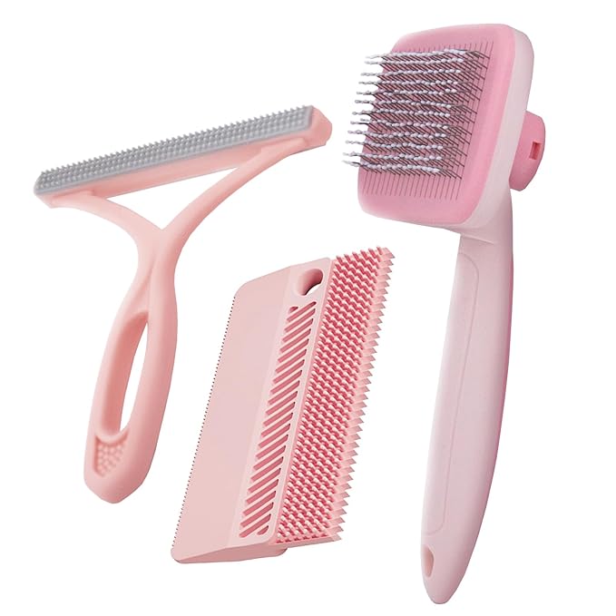 3-in-1 Pet Hair Remover & Grooming Set – Self-Cleaning Cat Dog Brush for Shedding Fabric Shaver & Portable Carpet Scraper & Lint Remover for Clothes Carpet Furniture Couch Car Mats