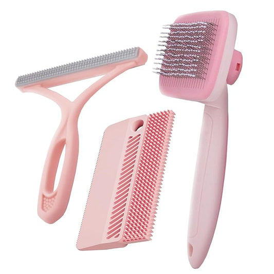 3-in-1 Pet Hair Remover & Grooming Set – Self-Cleaning Cat Dog Brush for Shedding Fabric Shaver & Portable Carpet Scraper & Lint Remover for Clothes Carpet Furniture Couch Car Mats