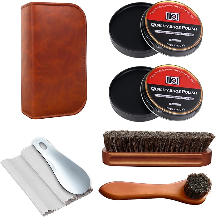 IKI Shoe Shine Polish Kit - 7PCS Leather Boot Care Kit with Black Shoe Polish Horsehair Brush Cloth Shoe Horn for Men