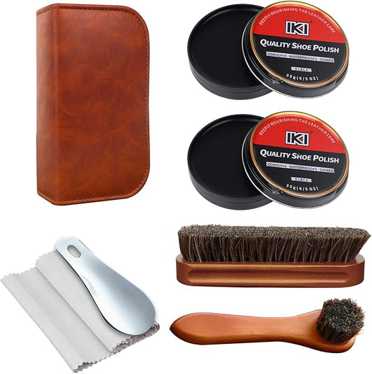 IKI Shoe Shine Polish Kit - 7PCS Leather Boot Care Kit with Black Shoe Polish Horsehair Brush Cloth Shoe Horn for Men