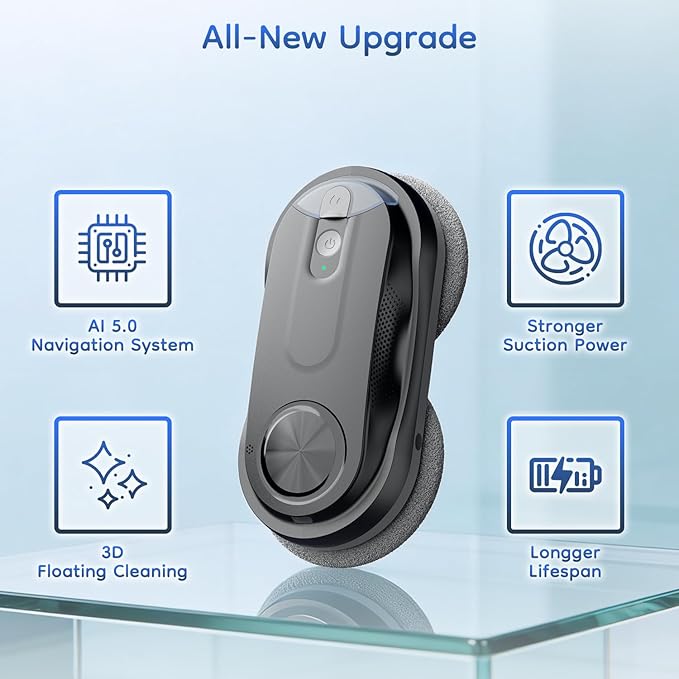 Obito X3 Window Cleaning Robot, Dual Nozzles with Ultrasonic Spray, 5.0 AI Path Planning, Max 3200Pa & Steady-Climbing System, Automatic Edge Detection, Robot Window Cleaner Inside/Outside, Black