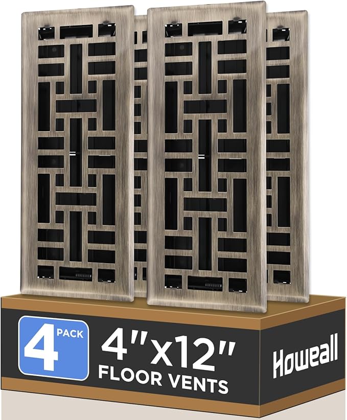 4x12 Inches 4 Pack Heavy Duty Walkable Floor Register - Easy Adjust Air Supply Lever Decorative Floor Vent Covers, Seattle Design Vent Covers for Home - Antique Brass