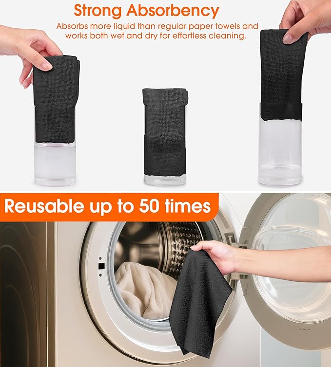 Microfiber Cleaning Cloth Roll - 100 Pack Tear Away Microfiber Paper Towels, Reusable, Washable, Scratch-Free, Kitchen Towels for Car, Home, Kitchen, Glass, Dishes (Black)