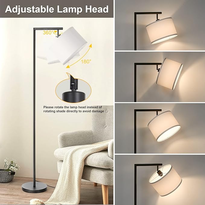 Boncoo Black Floor Lamp, Dimmable Floor Lamp for Living Room, Modern Standing Lamp with Adjustable Drum Shade, Tall Reading Light Corner Lamp Suitable for Couch, Bedroom, Office (Bulb Included)