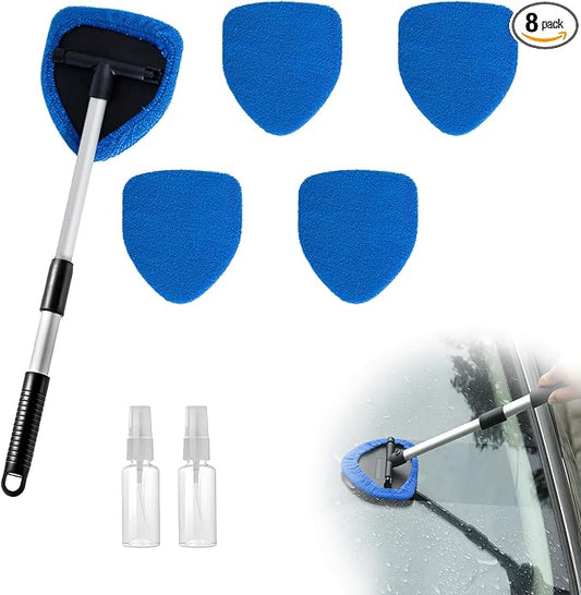 8 PCS Car Windshield Cleaner Tool Kit, Car Window Cleaner Windshield Cleaning Tool with 5 Reusable Microfiber Pads 2 Spray Bottle and Extendable Handle, Auto Glass Wiper Kit Home Windows, Blue