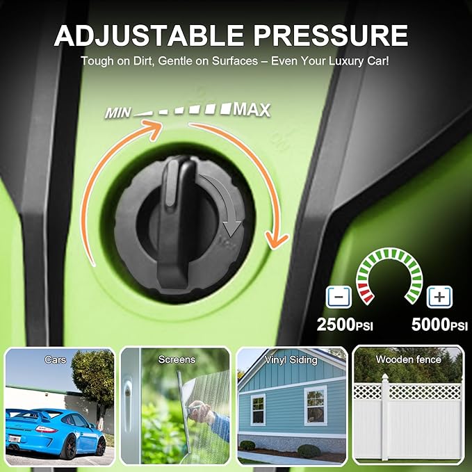 5000 PSI Adjustable Pressure Cleaner, 2025 New Power Cleaner Pressure Adjustable (2500PSI-5000PSI) with 33ft Pressure Hose, 4 Nozzle and Detergent Tank for Cars, Upgraded 7050
