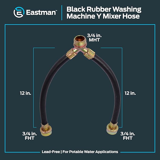 Eastman 12 Inch Rubber Washing Machine Connector, 3/4 In. FHT x 3/4 In. MHT, Y-Mixer Hose, 60349N