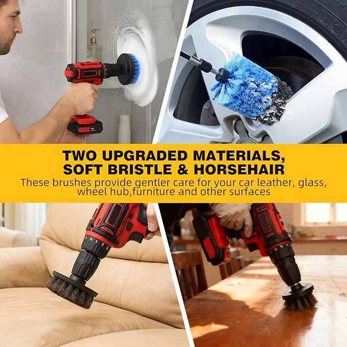 9 Pcs Drill Brush Attachments Set Hard and Soft Bristles Horsehair Brush Cleaning Kit for Home Bathroom Car Kitchen Corners Sink Stubborn Stains Tiles