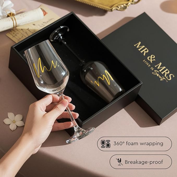 AW BRIDAL Mr and Mrs Wine Glasses Set of 2 for Engagement Bridal Shower, Wedding Gifts for Newlywed Couples 2026, Personalized Anniversary Wine Glass Gift Basket for Bride Groom and Fiance Fiancee