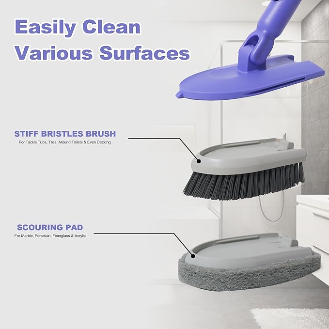 2 in 1 Tile Tub Scrubber Brush with 46.8" Extendable Long Handle, Shower Mop and Tub Cleaning Brush with 2 Different Function Cleaning Heads for Cleaning Bathroom Kitchen Wall Bathtub Floor