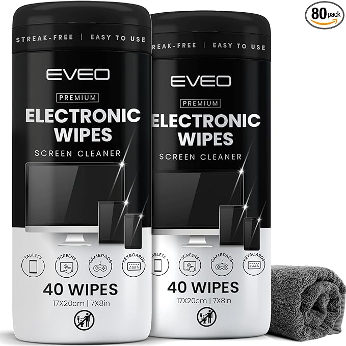 Electronic Wipes Screen Cleaner Streak-Free [2 Pack x40] Computer Screen Wipes, TV Screen Cleaner Wipes, Monitor Wipes for Smart TV, Laptop, iPhone, ipad and more - [Microfiber Cloth + 80 Wipes]