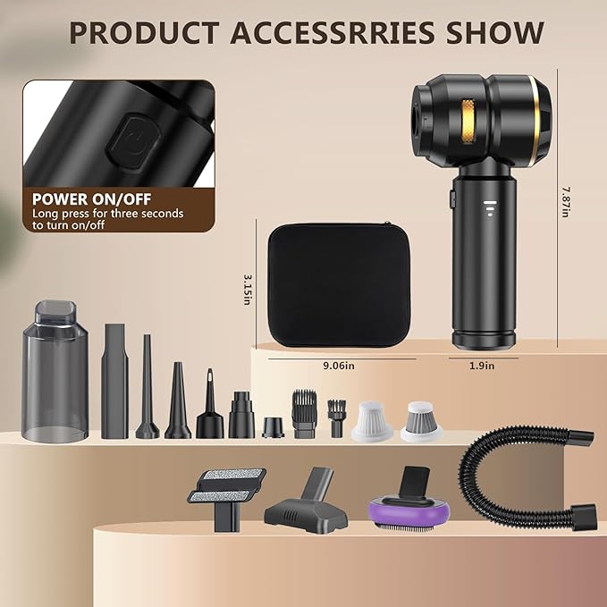 Handheld Vacuum Cordless, 22000PA High Power Car Vacuum Portable with Air Duster, Washable Filter, Rechargeable for Pet Hair, Home, Office, Auto Cleaning (Black)