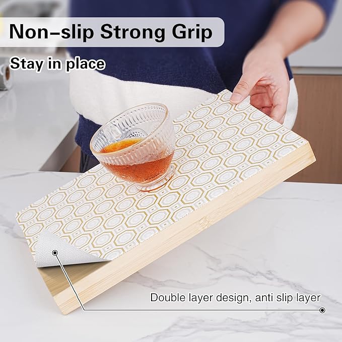 Drawer and Shelf Liner for Kitchen Cabinet,Non-Adhesive Cabinet Liner 18in x 20FT,Waterproof Shelf Paper Non-Slip Mats Cupboard Liners Contact Protect Dresser/Shelves/Table-Gold Octagonal