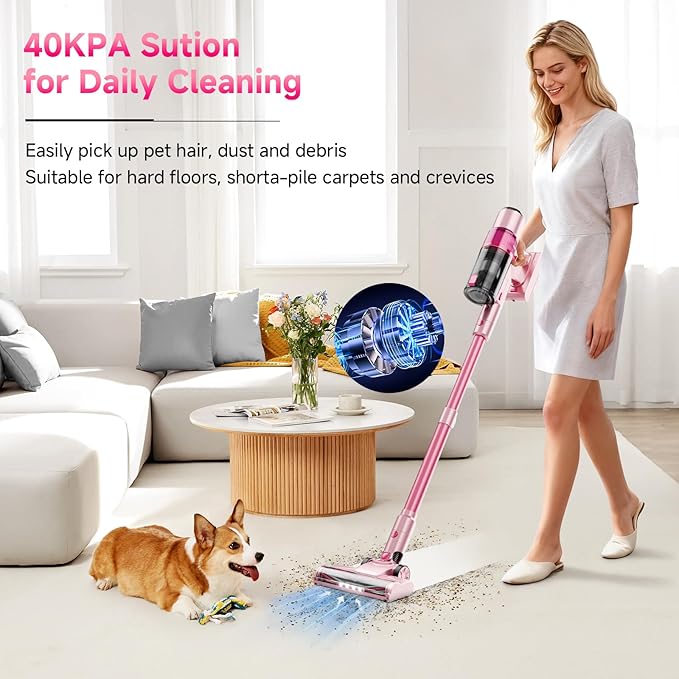 Cordless Vacuum Cleaner: 40KPA Powerful Suction Cordless Stick Vacuum Cleaners for Home, Anti-Tangle Brush, Lightweight, 6-in-1 Rechargeable Vacuum for Pet Hair/Carpet/Hard Floor(Purple)
