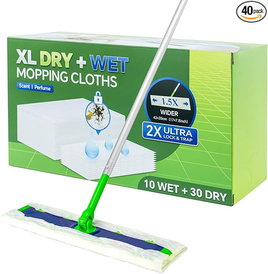 40 Count XL Dry + Wet Mopping Cloths Kit for Swiffer Sweep XL Mop, Disposable X-Large Mop Pads Refills Kit Includes 30 Dry Sweeping Cloths & 10 Wet Mopping Pads for Multi-Surface Floor Cleaning
