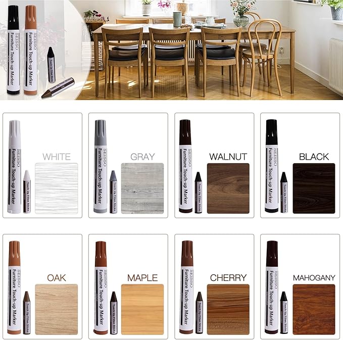 SEISSO Furniture Markers Touch Up - 17PCS Furniture Repair Kit, 8 Colors Wood Markers and Wax Sticks with Sharpener Kit Used for Stains, Scratch, Wood Floors, Stains, Tables, Desks, and Cover Ups