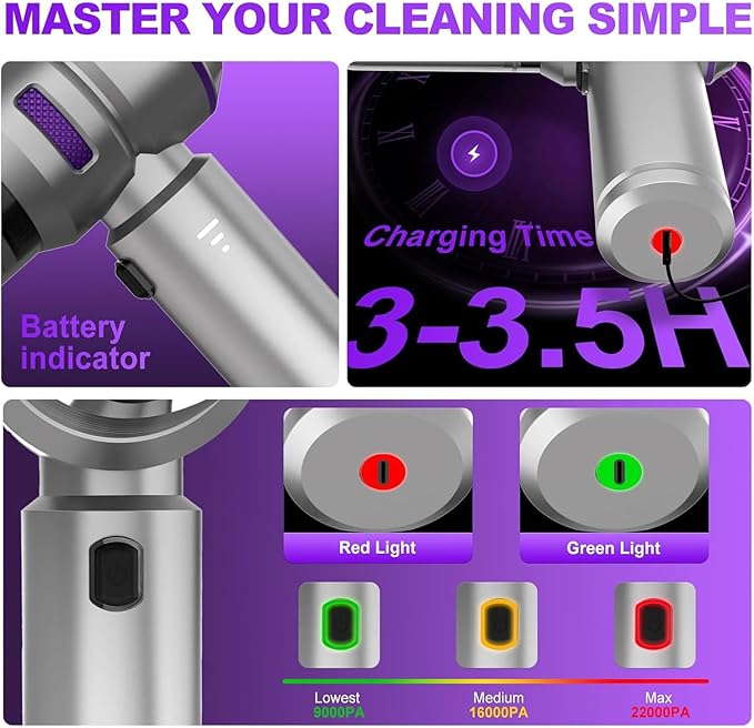 Handheld Car Vacuum Cleaner, 4-in-1 Cordless Vacuum Cleaner, 22000PA High Power Portable Car Vacuum with Brushless Motor, for Home, Office, Camping (Silver Purple)