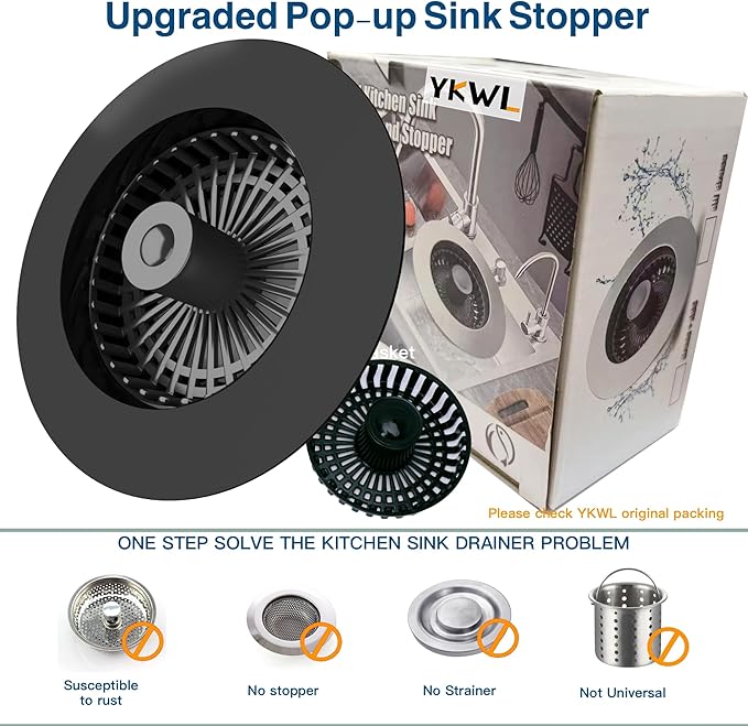 Kitchen Sink Drain Strainer 3 in 1, 304 Stainless Steel Pop Up Sink Stopper, Anti-Clogging Drain Stopper, Strainers for Kitchen, Drain Cover and Kitchen Accessories for US Standard Sink (Black)
