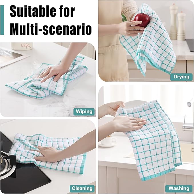Homaxy Premium Kitchen Towels(16”x 28”, 6 Pack), Large Ring Spun Cotton Dish Towels, Super Absorbent Soft Terry Kitchen Hand Towels, Check Design Tea Towel Set with Hanging Loop, Aqua