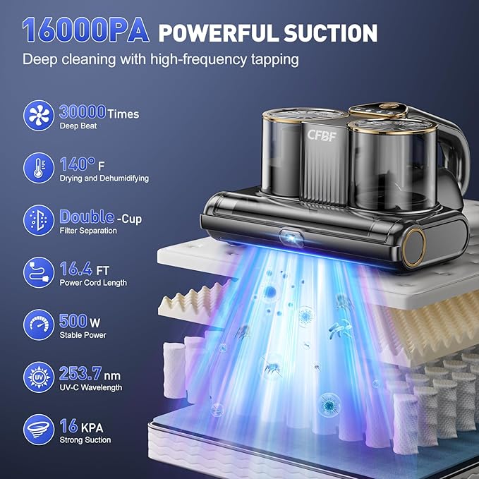 Mattress Vacuum Cleaner, Bed Vacuum Cleaner with 16Kpa Suction 253.7nm UV-C Light, Ultrasonic & High Heating, 500W Powerful Double-Cup Handheld Vacuums for Bed, Sofa, Couch, Crib, 16.4FT Corded