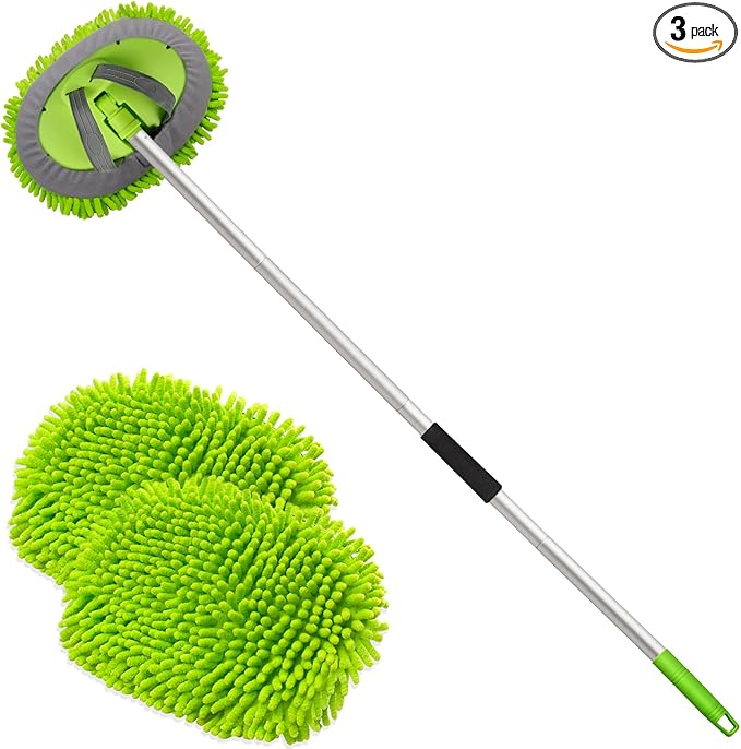 anngrowy 62" Microfiber Car Wash Brush Mop Kit Mitt Sponge with Long Handle Car Cleaning Supplies Kit Duster Washing Car Tools Accessories, 1 Chenille Scratch-Free Replacement Head Aluminum Alloy Pole