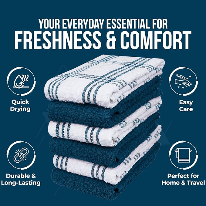DAN RIVER Premium Kitchen Towels - [Pack of 6] 100% Cotton (16x 26 Inches) -Super Soft,Highly Absorbent, Quick Dry, Dish Towels for Kitchen Towels -Blue Opal