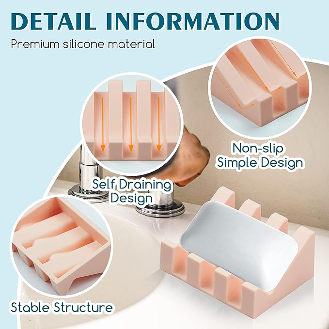 Silicone Soap Dish for Bar Soap Holder for Shower Bathroom Self Draining Waterfall Drying Tray Keep Soap Bars Dry Clean & Easy Cleaning (Pink*2, 2)