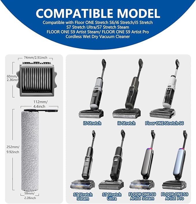 Roller Brush and Filter Replacement Compatible with Tineco Floor One Stretch S6,Floor One Switch S6 Cordless Vacuum Cleaner, Replacement Parts Include 3 Brush Rollers, 3 Filters