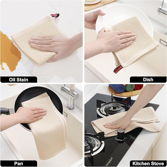 Homaxy 100% Cotton Kitchen Towels and Dishcloths Set, 12 x 12 Inches and 13 x 28 Inches, Set of 16 Bulk Kitchen Towels Set, Ultra Soft Absorbent Dish Cloths for Washing Dishes, Beige