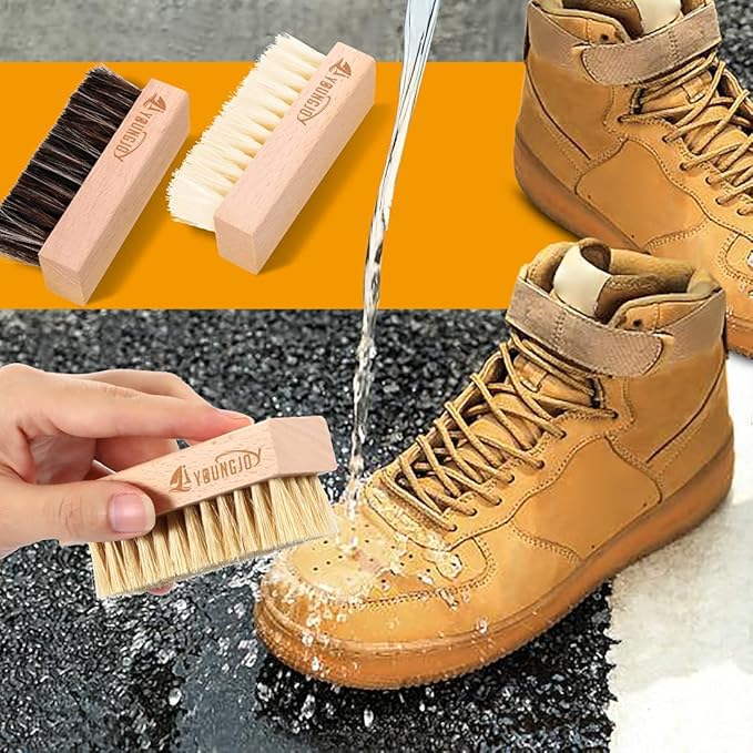 YoungJoy 3 Pieces Dual Sided Sneaker Shoe Cleaner Brush Set Shoes Clean Brush Kit Both Boar and Plastic Bristles with Microfiber Cloth (B)